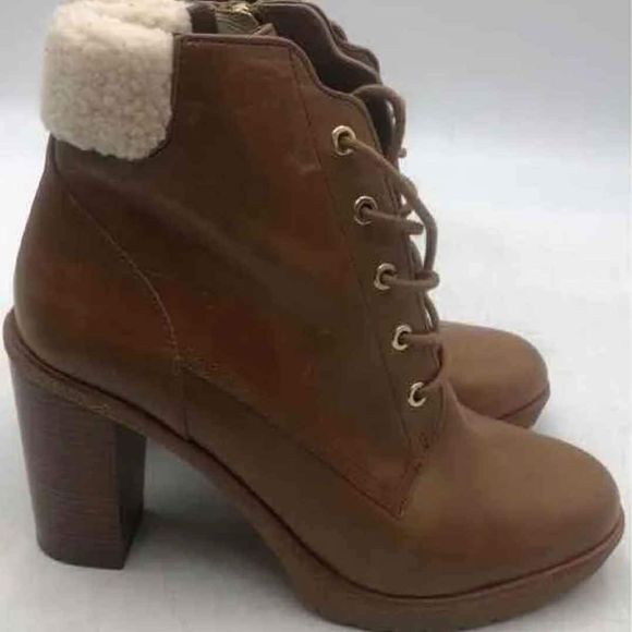 Michael Kors MK Designer Kim Brown Leather Lace Up Block Heel Booties Size US 10 - Picture 1 of 8